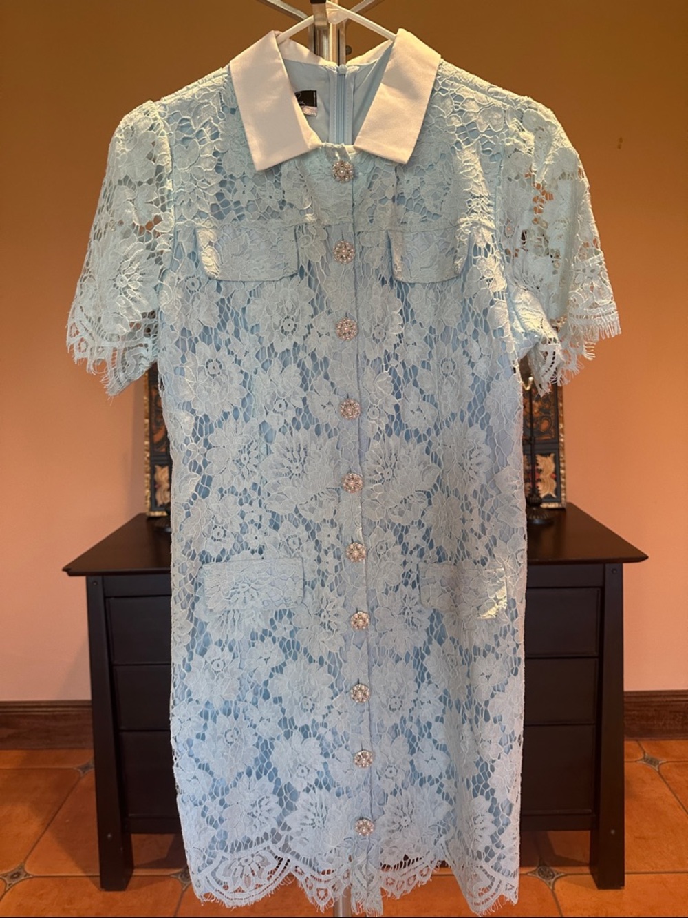 Lace Midi Dress with Peter Pan Collar in Light Blue